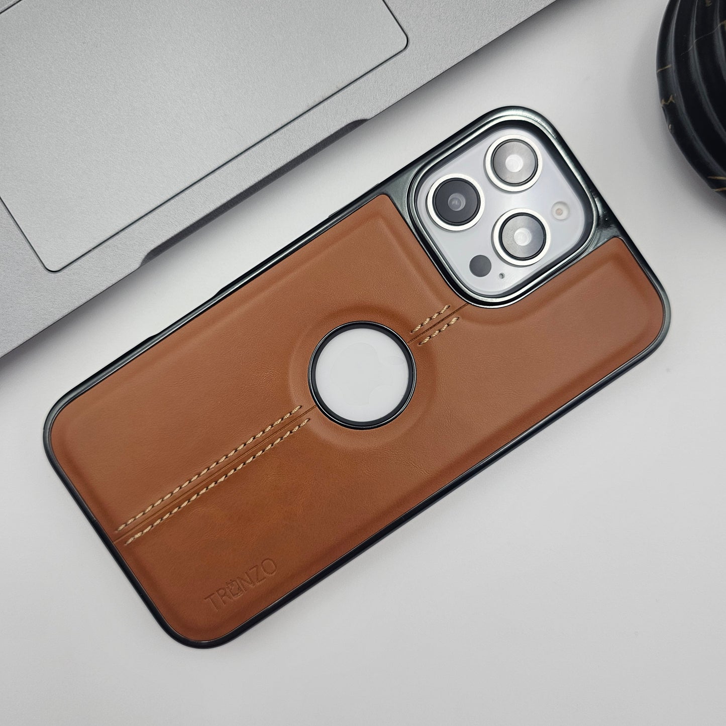 iPhone 16 Series Centre Stitched Leather Logo Cut Chrome Case