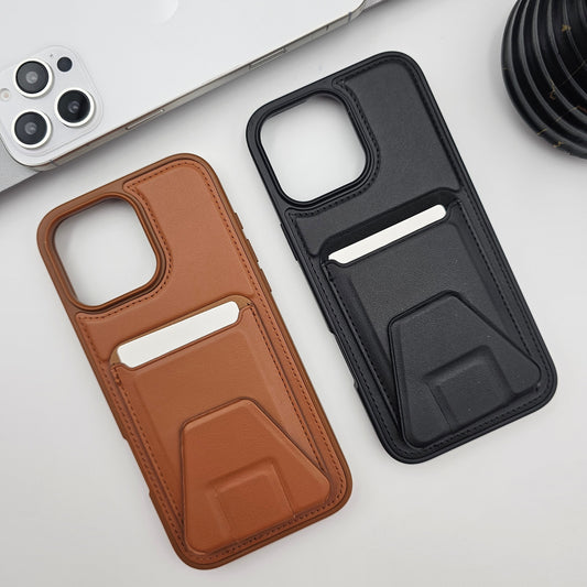 iPhone 16 Series Leather Card Holder With Kickstand Case