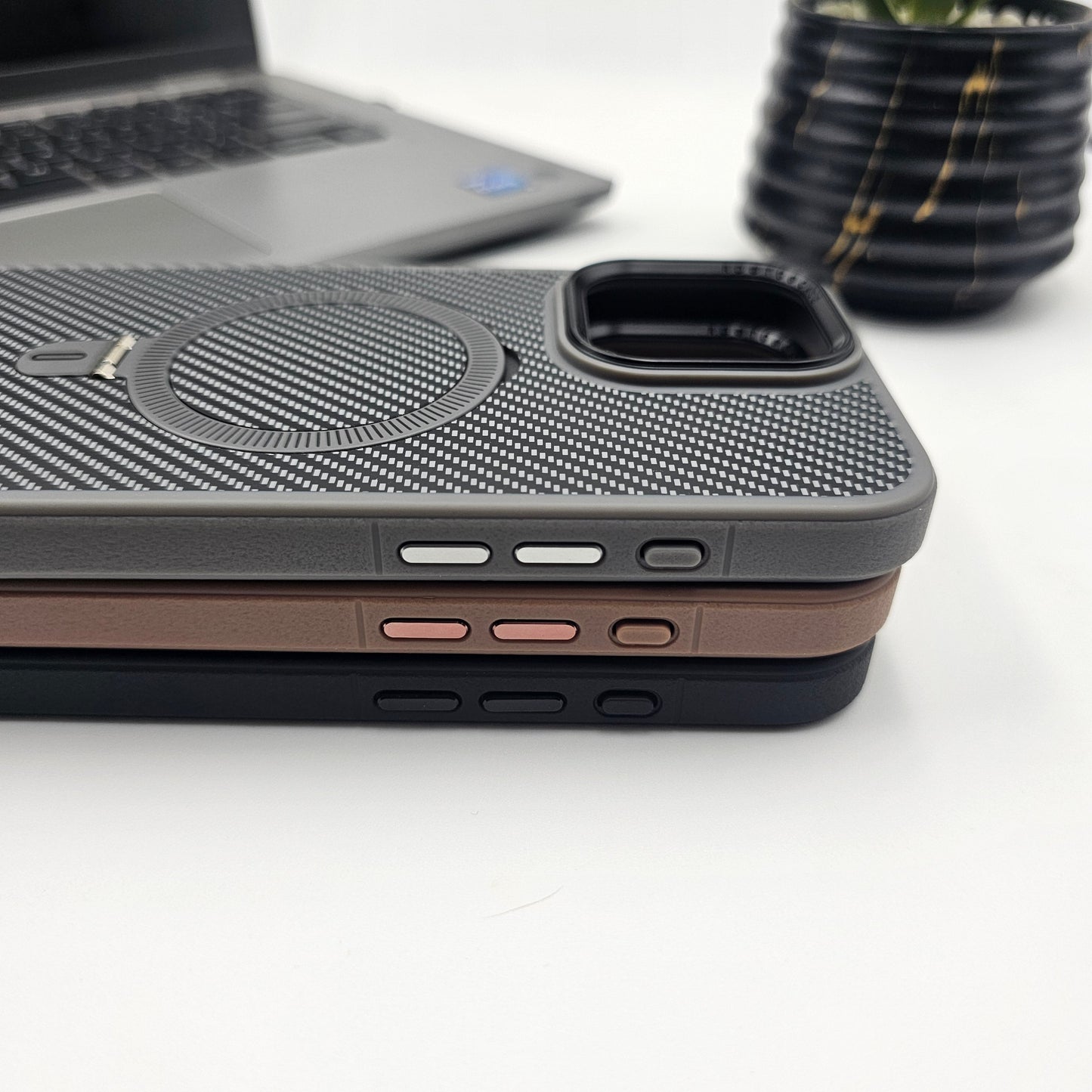 iPhone 15 Series Carbon Fibre With Magnetic Magsafe Ring Stand Case