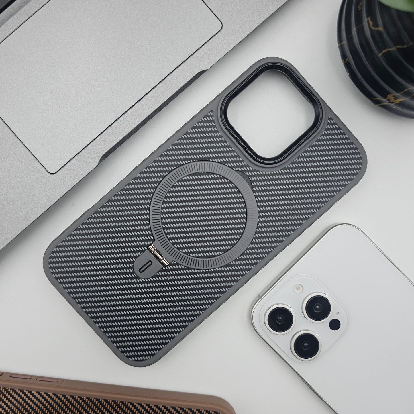 iPhone 15 Series Carbon Fibre With Magnetic Magsafe Ring Stand Case