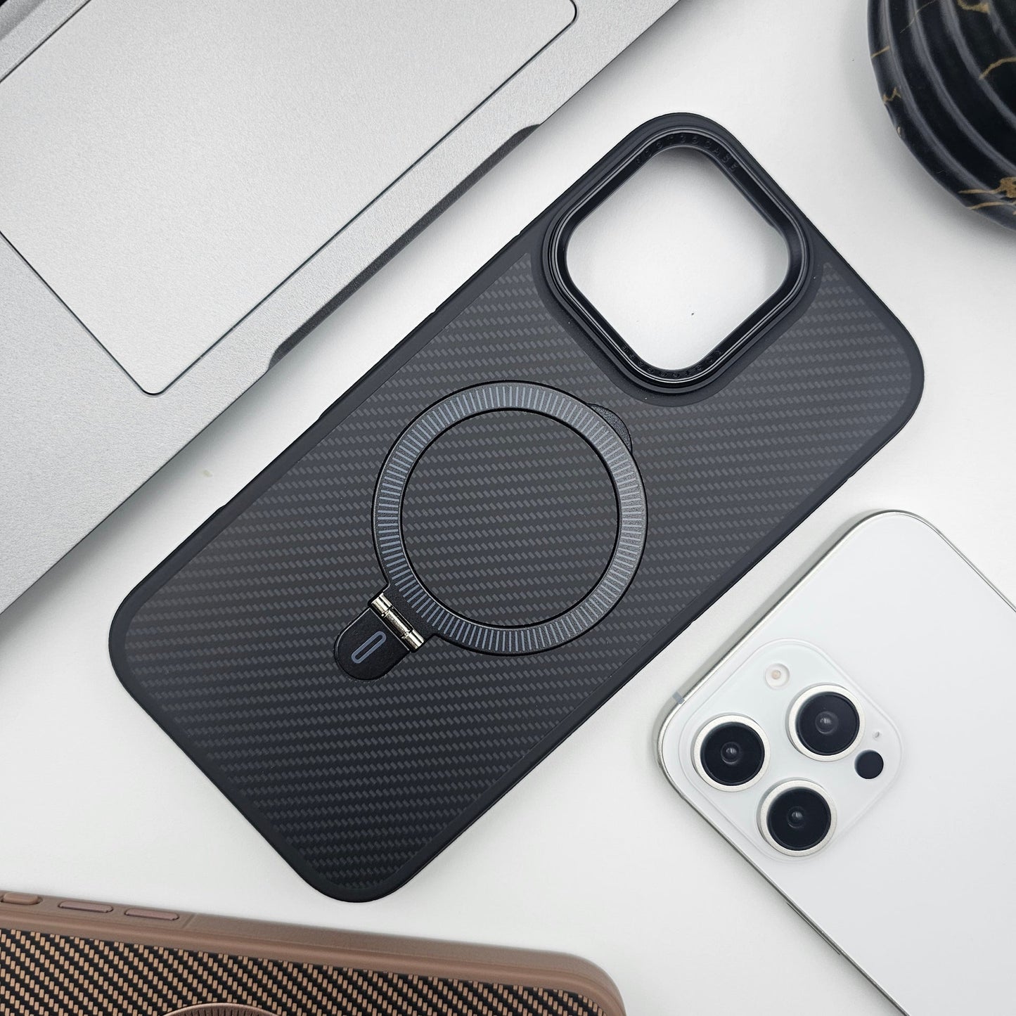 iPhone 15 Series Carbon Fibre With Magnetic Magsafe Ring Stand Case