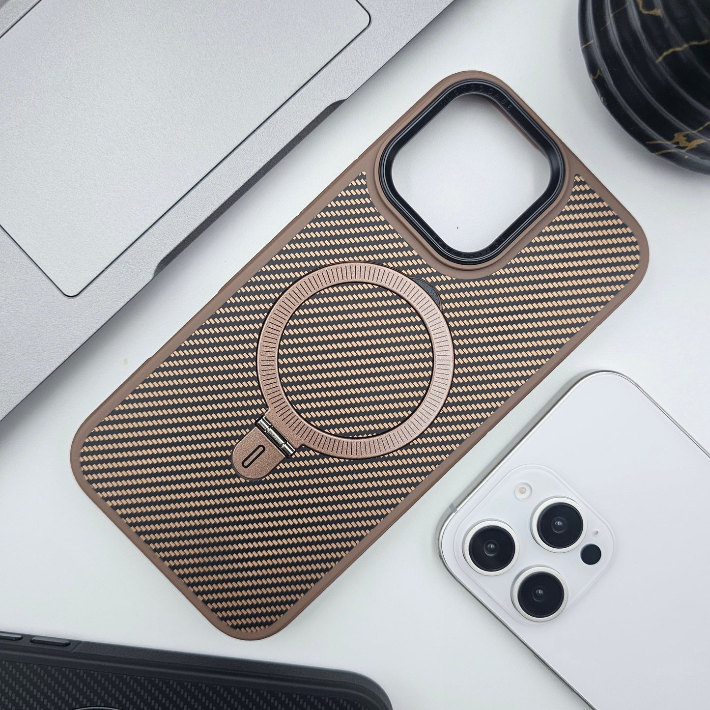 iPhone 15 Series Carbon Fibre With Magnetic Magsafe Ring Stand Case