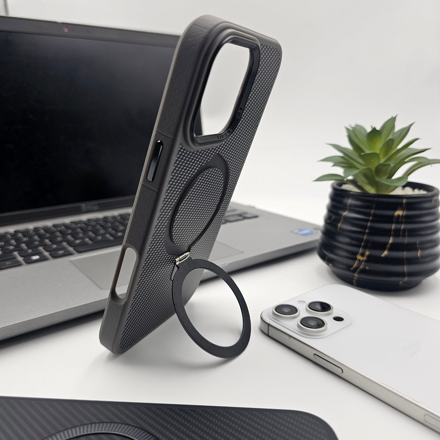 iPhone 15 Series Carbon Fibre With Magnetic Magsafe Ring Stand Case