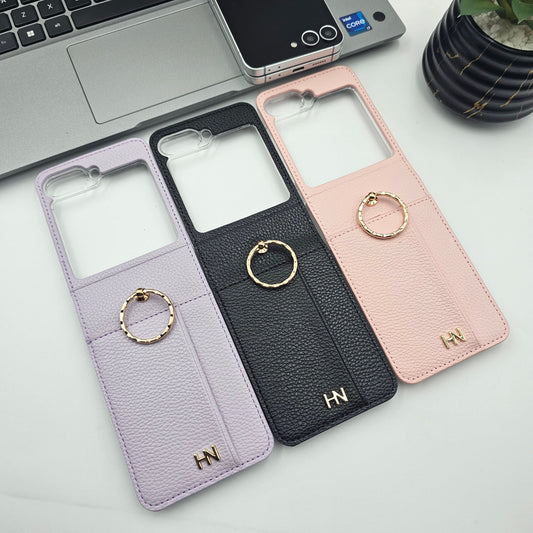 Luxury Leather Case for Samsung Galaxy Z Flip 6 | Cardholder | Gold Chain & Ring Holder