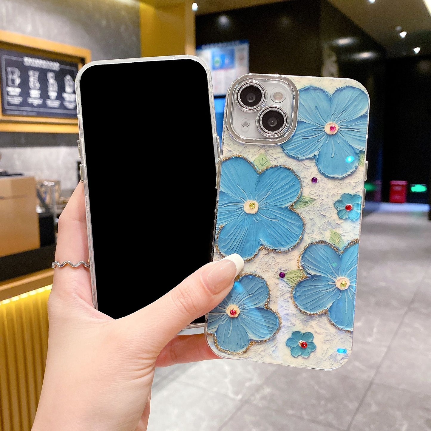 iPhone 15 Series Luxury 3D Oil Painting Floral Design With Glitter Lens Protection Case Cover Sky Blue