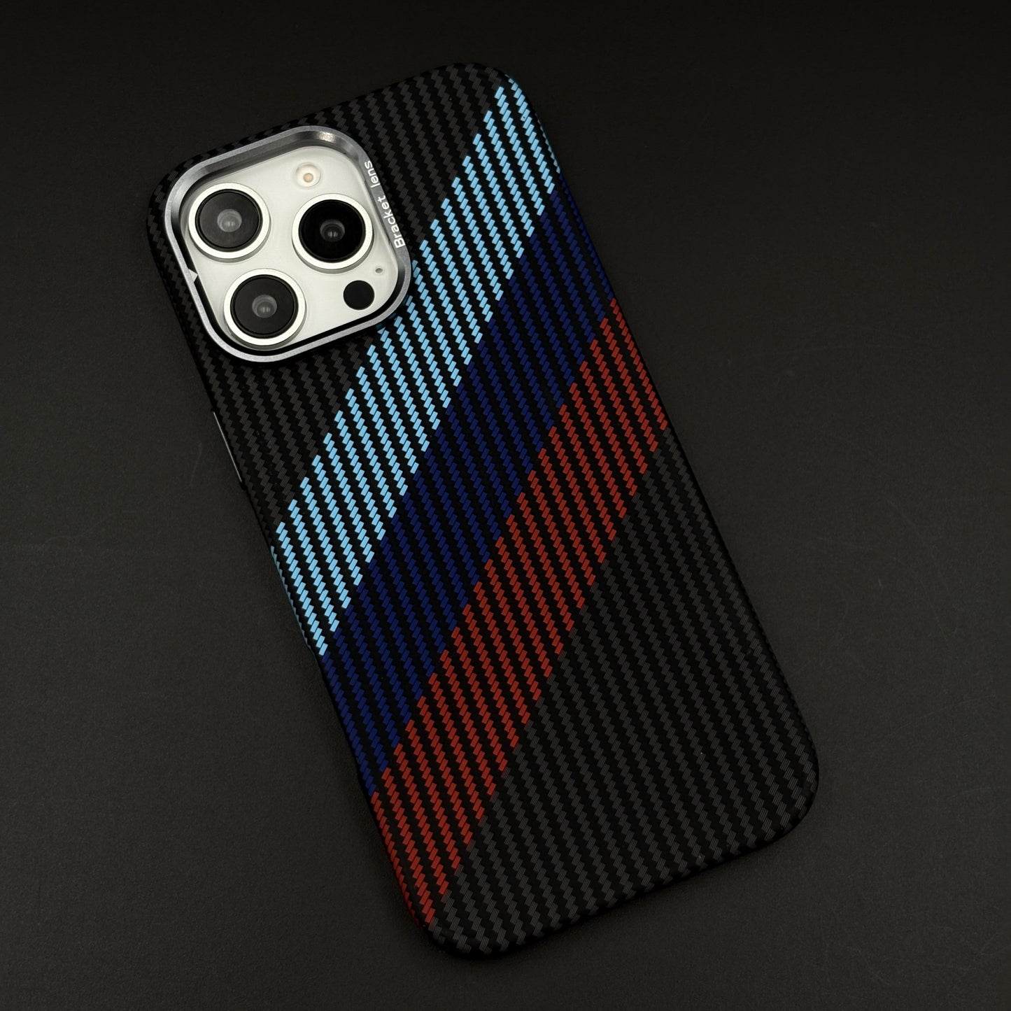 iPhone Aramid Texture Camera Kickstand Phone Case Cover | 3 Stripe Color | Carbon Fibre Feel | Hidden MagSafe