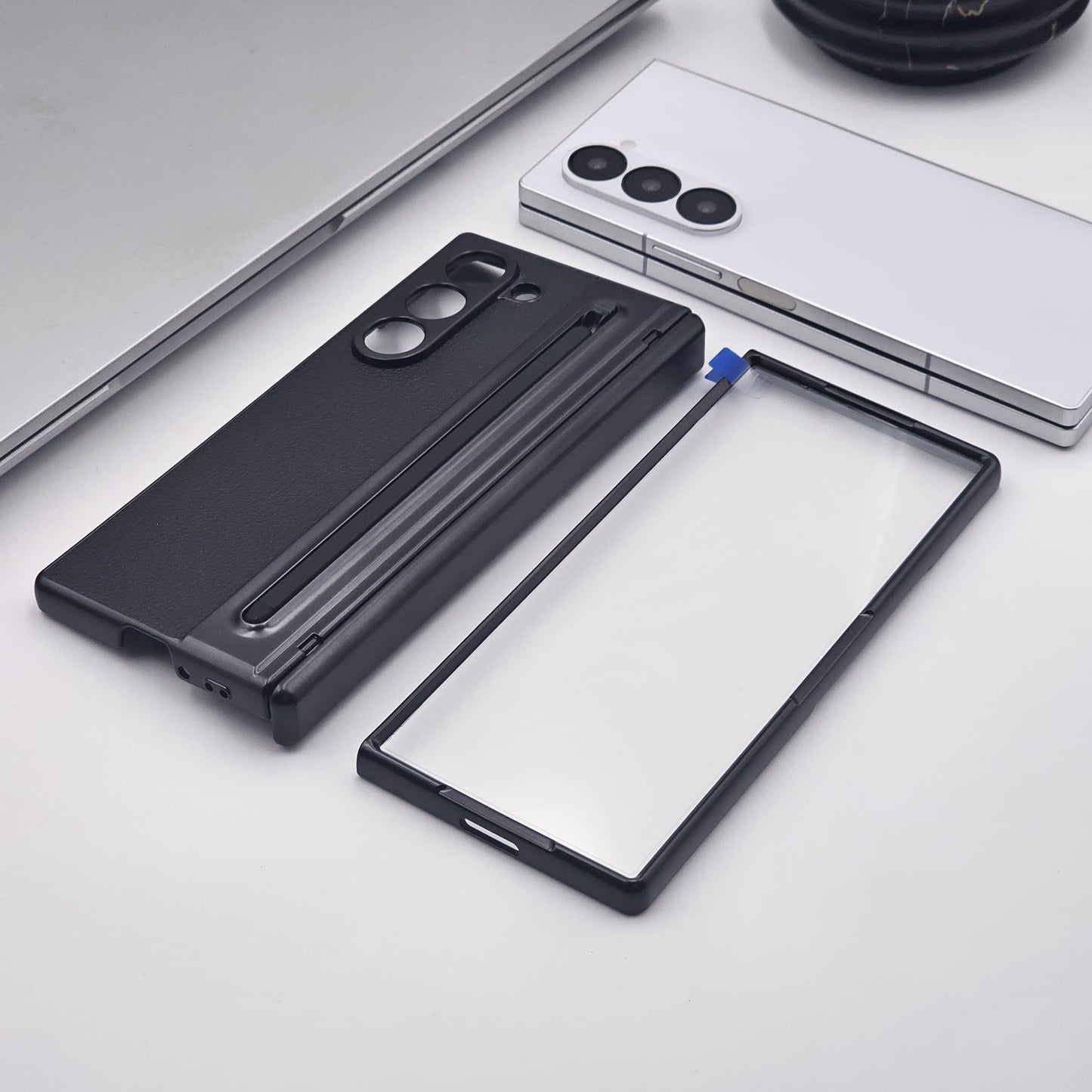 All-in-One Case | Leather Texture with Pen for Samsung Galaxy Z Fold 5 | Front Screen Protector & Side Hinge Protection