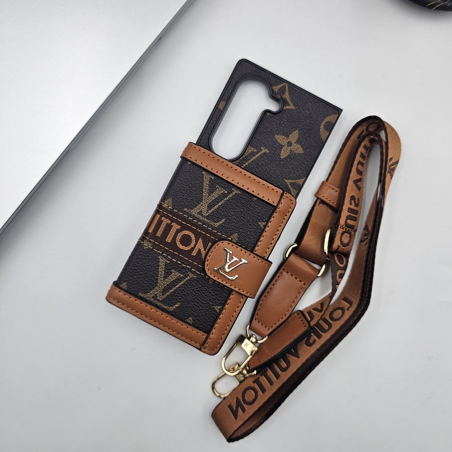 Luxury Monogram Cardholder Wallet Case with Crossbody Sling for Samsung Galaxy Z Fold 8 Ultra | Designer Brown Edition