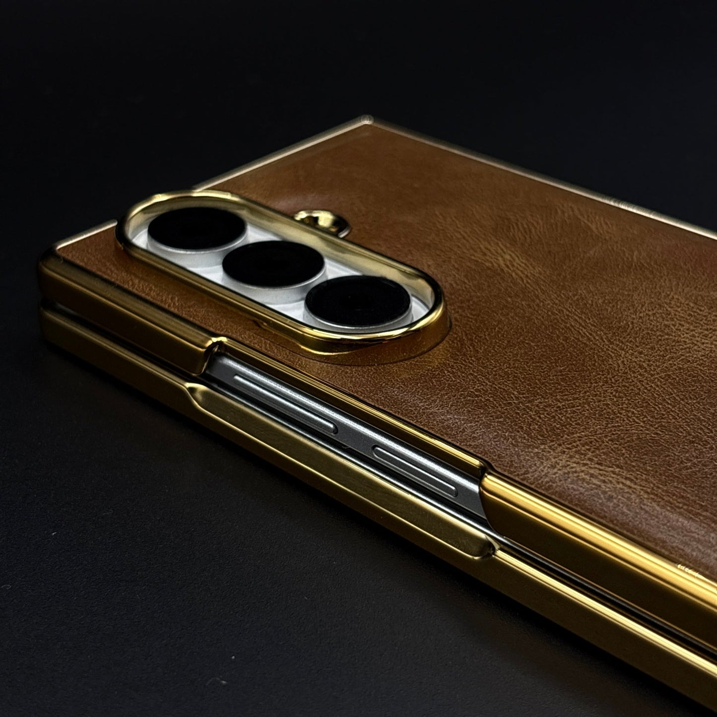 Leather Chrome Plated Case with Front Screen Protector for Samsung Galaxy Z Fold 5 | Luxury Protective Cover