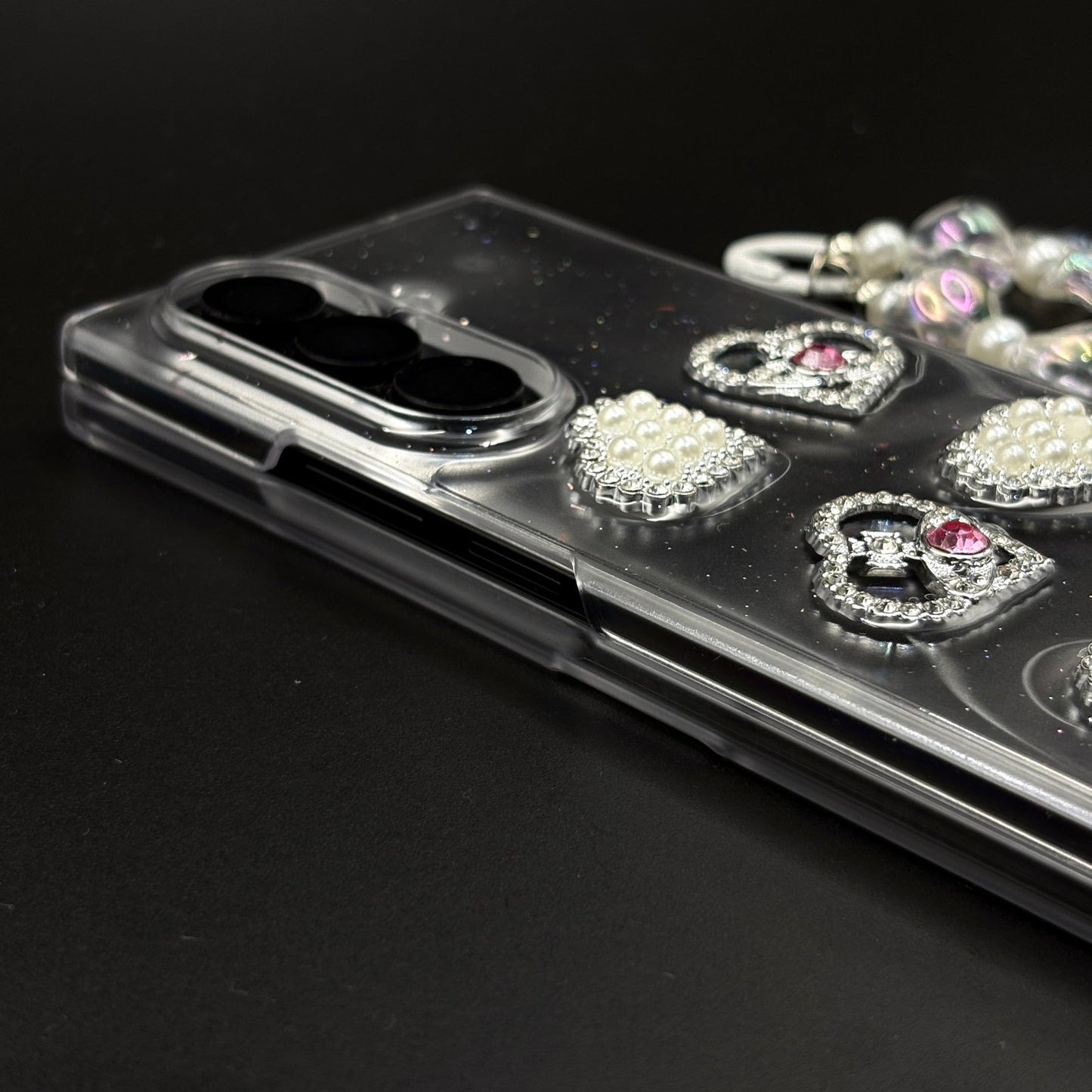 Luxury Pearl Heart Case with Beaded Strap for Samsung Galaxy Z Fold 7 | Glitter Transparent Cover