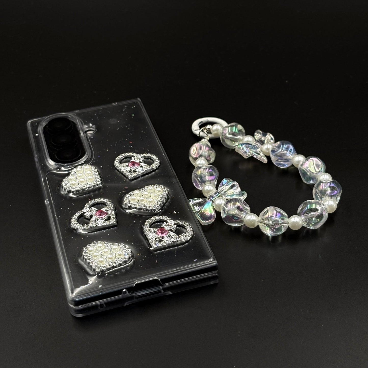 Luxury Pearl Heart Case with Beaded Strap for Samsung Galaxy Z Fold 7 | Glitter Transparent Cover