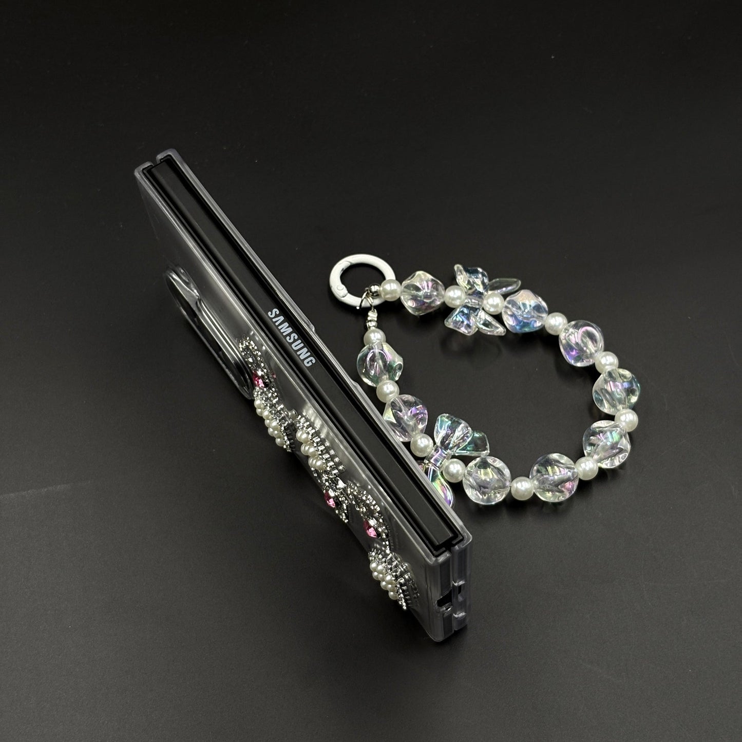 Luxury Pearl Heart Case with Beaded Strap for Samsung Galaxy Z Fold 7 | Glitter Transparent Cover