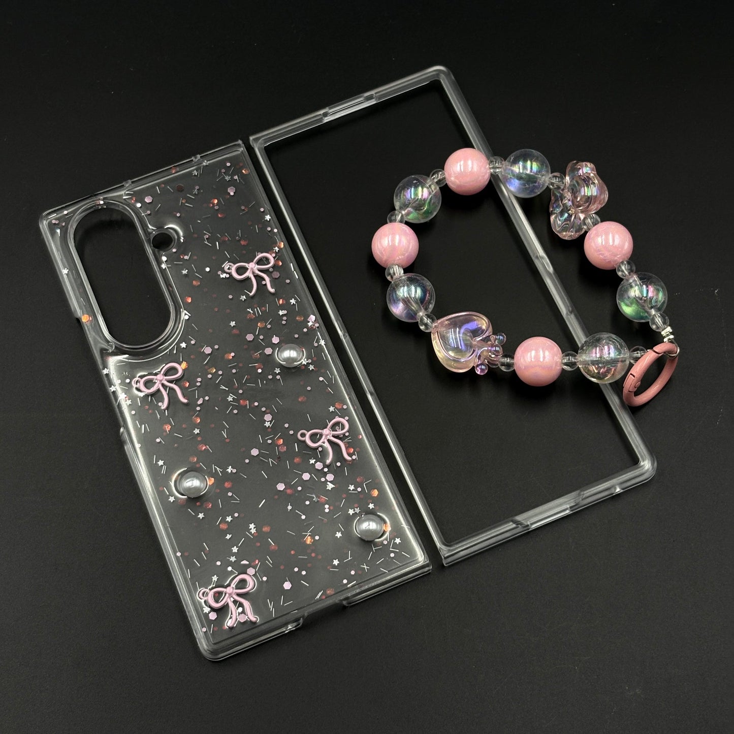 Samsung Galaxy Z Fold 7 Cute Pink Glitter Case with Pearl & Charm Strap | Protective Transparent Cover