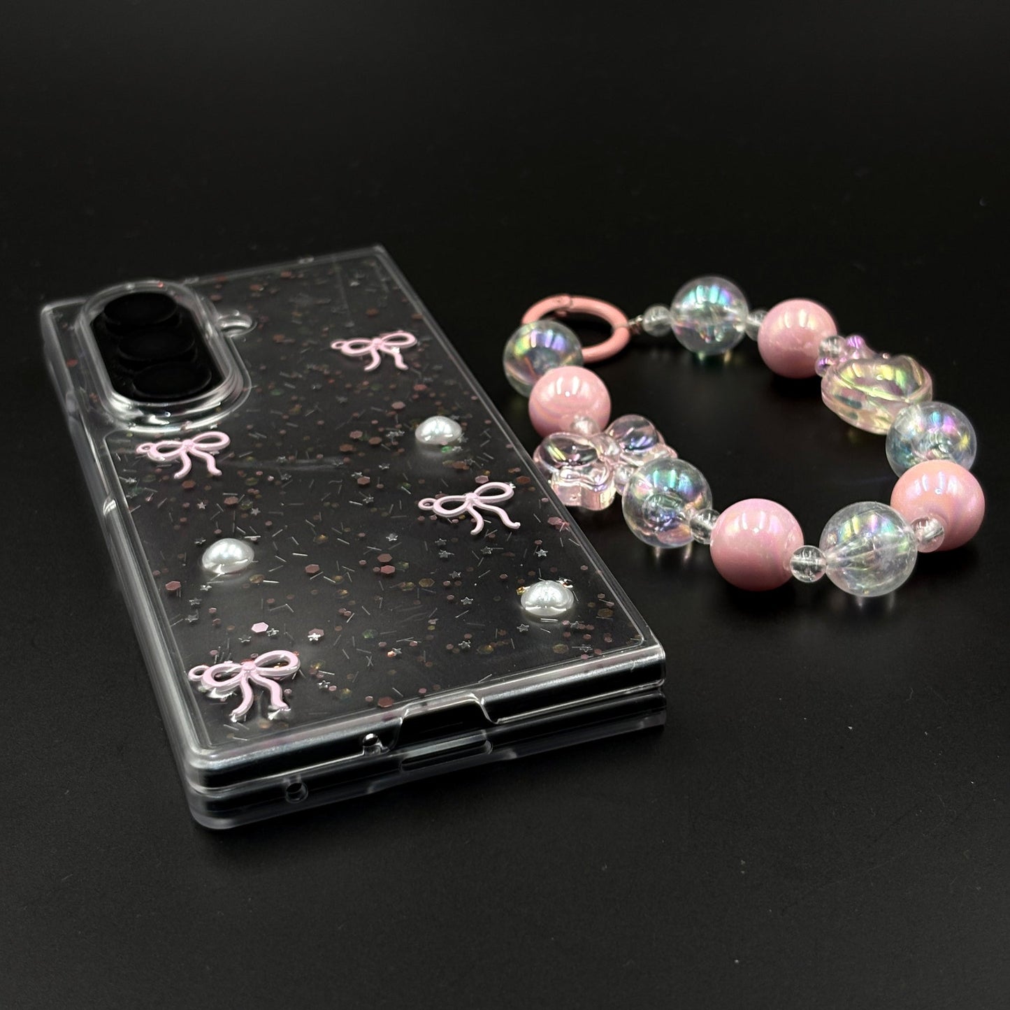 Samsung Galaxy Z Fold 7 Cute Pink Glitter Case with Pearl & Charm Strap | Protective Transparent Cover
