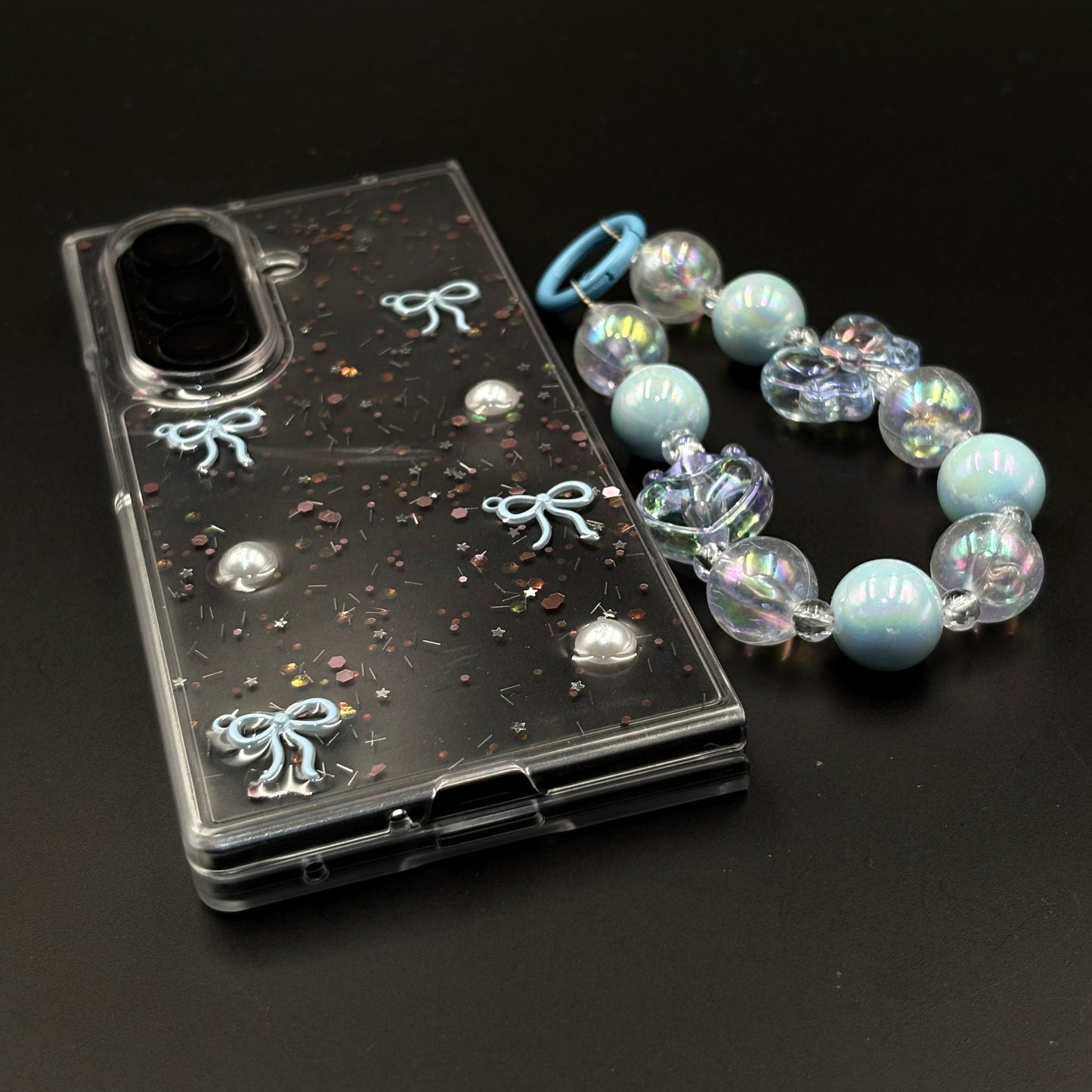 Samsung Galaxy Z Fold 7 Cute Blue Glitter Case with Pearl & Charm Strap | Protective Transparent Cover