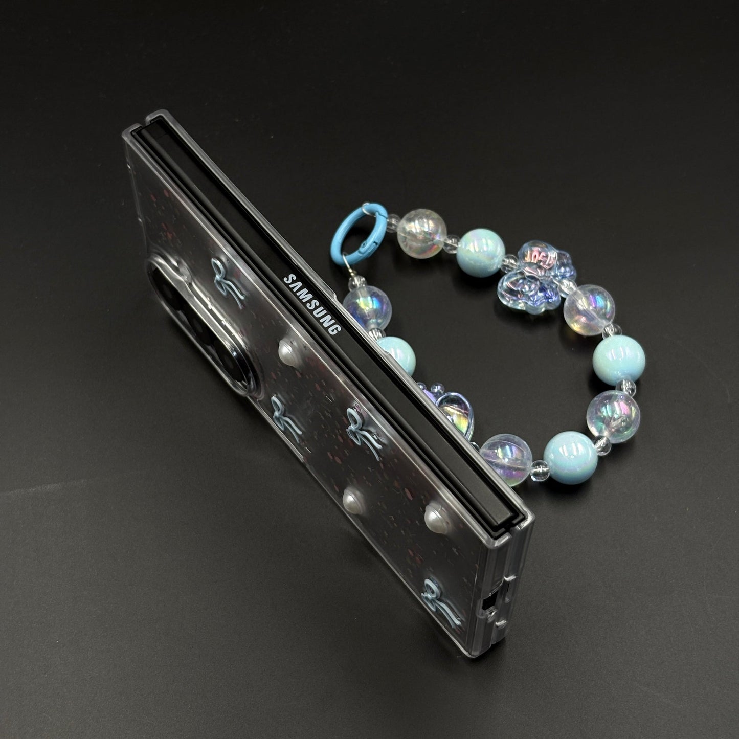Samsung Galaxy Z Fold 7 Cute Blue Glitter Case with Pearl & Charm Strap | Protective Transparent Cover