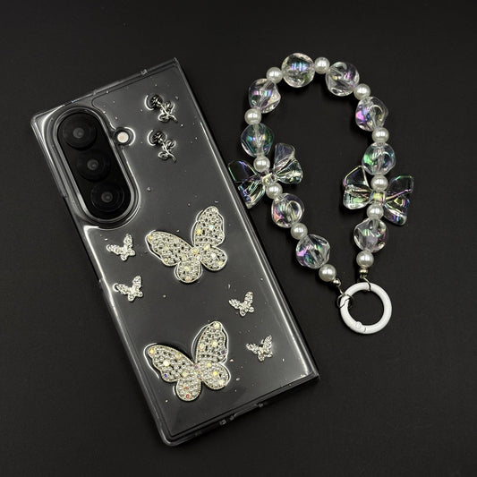 Butterfly Case with Rhinestone Crystals & Beaded Charm Strap for Samsung Galaxy Z Fold 7 | Luxury Transparent Cover