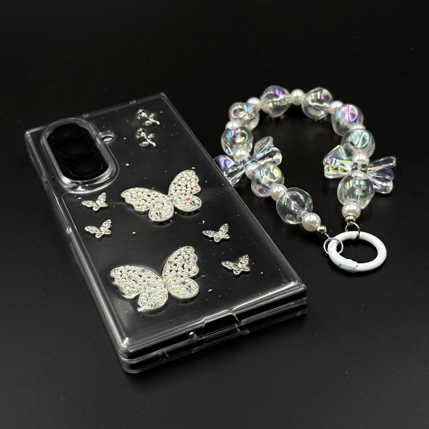 Butterfly Case with Rhinestone Crystals & Beaded Charm Strap for Samsung Galaxy Z Fold 7 | Luxury Transparent Cover
