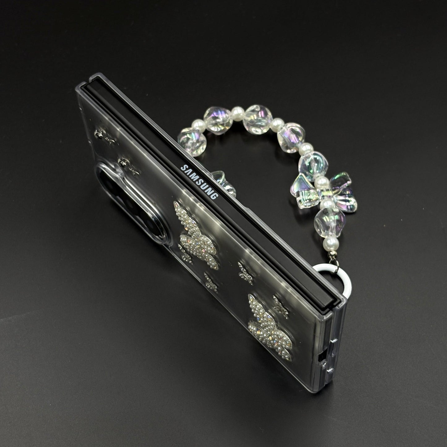 Butterfly Case with Rhinestone Crystals & Beaded Charm Strap for Samsung Galaxy Z Fold 7 | Luxury Transparent Cover