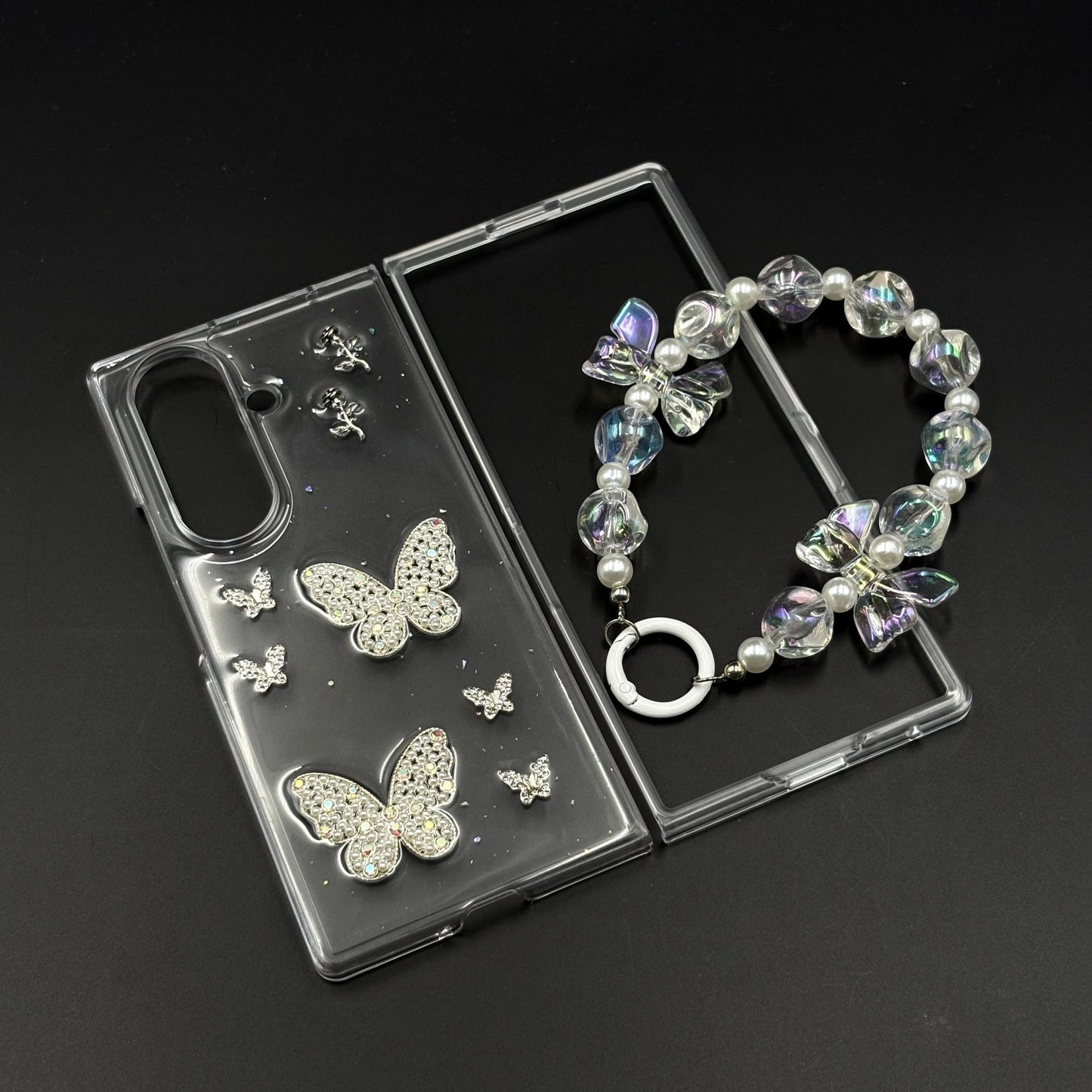 Butterfly Case with Rhinestone Crystals & Beaded Charm Strap for Samsung Galaxy Z Fold 7 | Luxury Transparent Cover