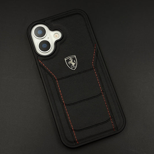 Luxury FR Stitched Leather Phone Case Cover for iPhone 17 | Iconic Black Design