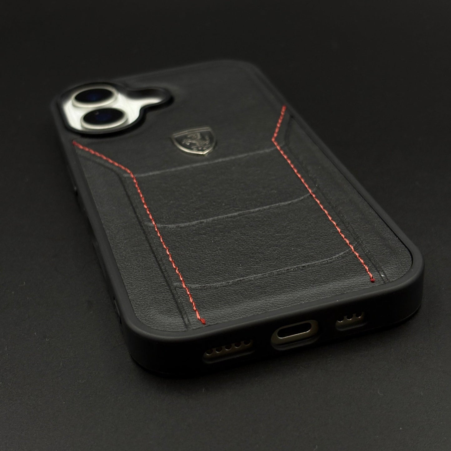 Luxury FR Stitched Leather Phone Case Cover for iPhone 17 | Iconic Black Design