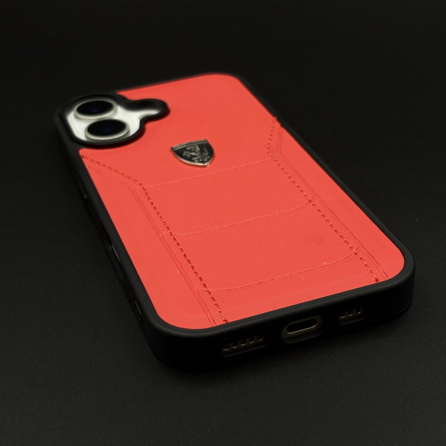 Luxury FR Stitched Leather Phone Case Cover for iPhone 17 | Iconic Red Design