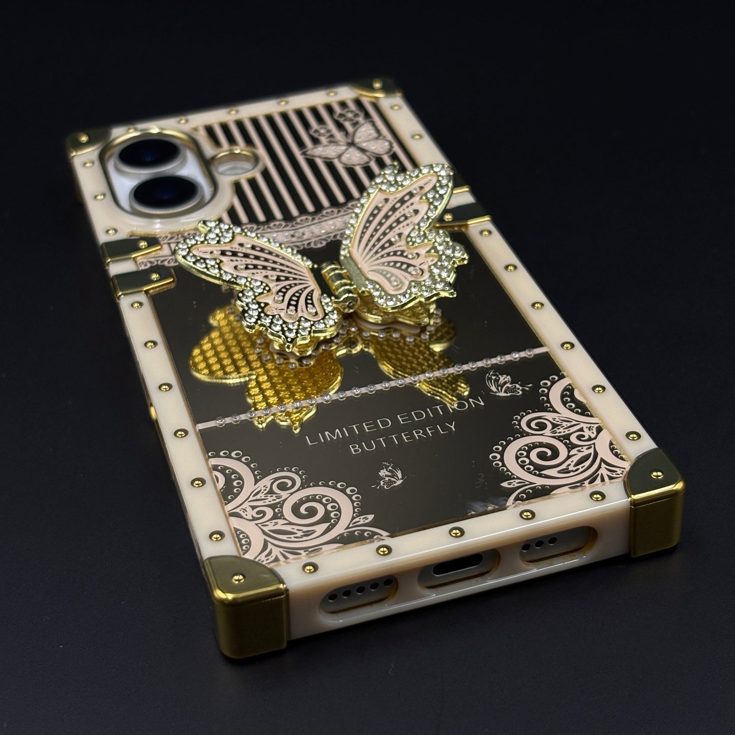 Luxury Butterfly Trunk Phone Case Cover for iPhone 17 | Gold Mirror Finish | Diamond Butterfly
