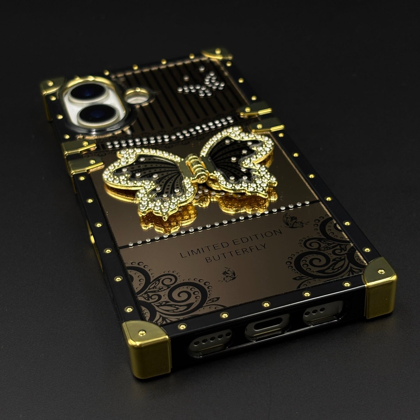 Luxury Butterfly Trunk Phone Case Cover for iPhone 17 | Gold Mirror Finish | Diamond Butterfly