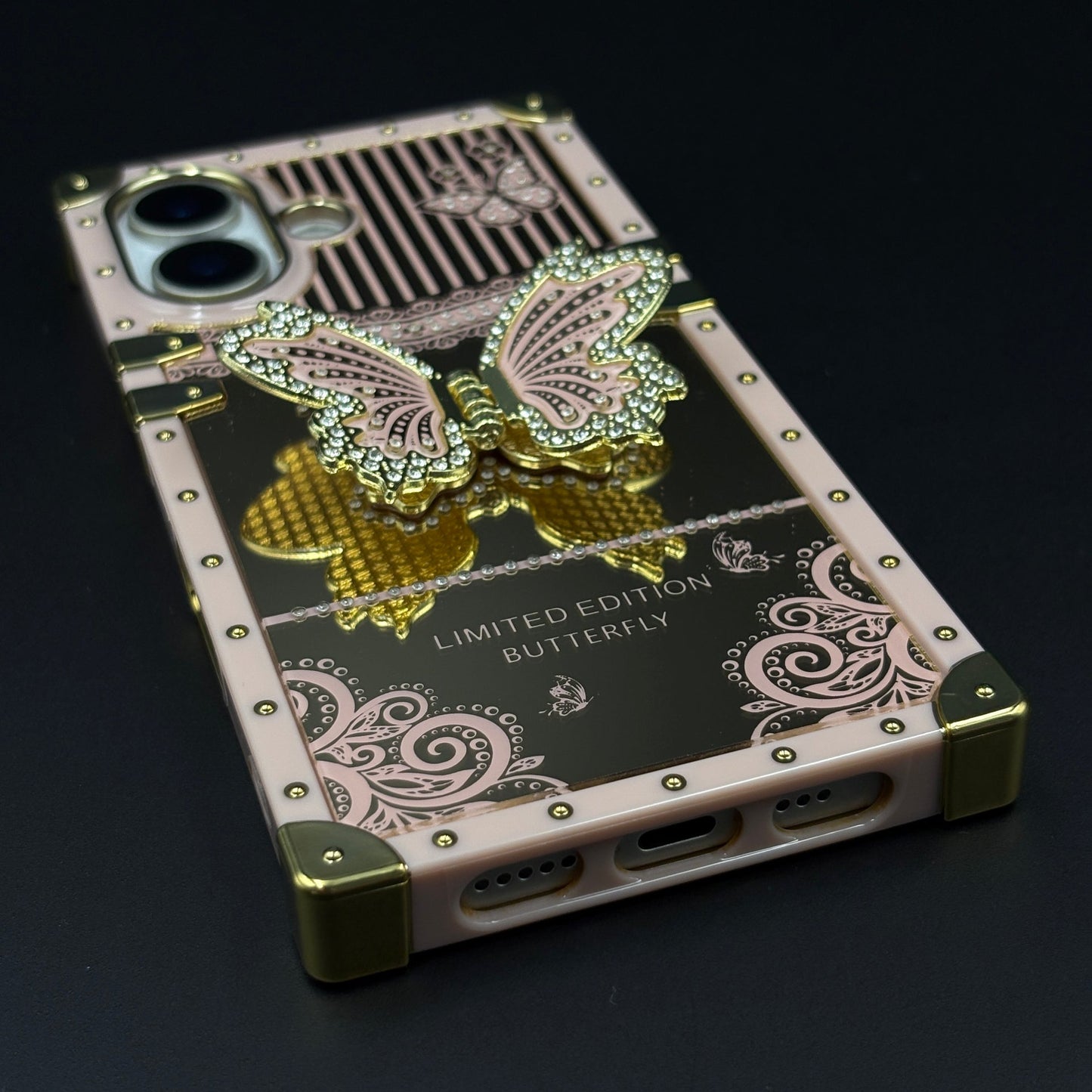 Luxury Butterfly Trunk Phone Case Cover for iPhone 17 | Gold Mirror Finish | Diamond Butterfly