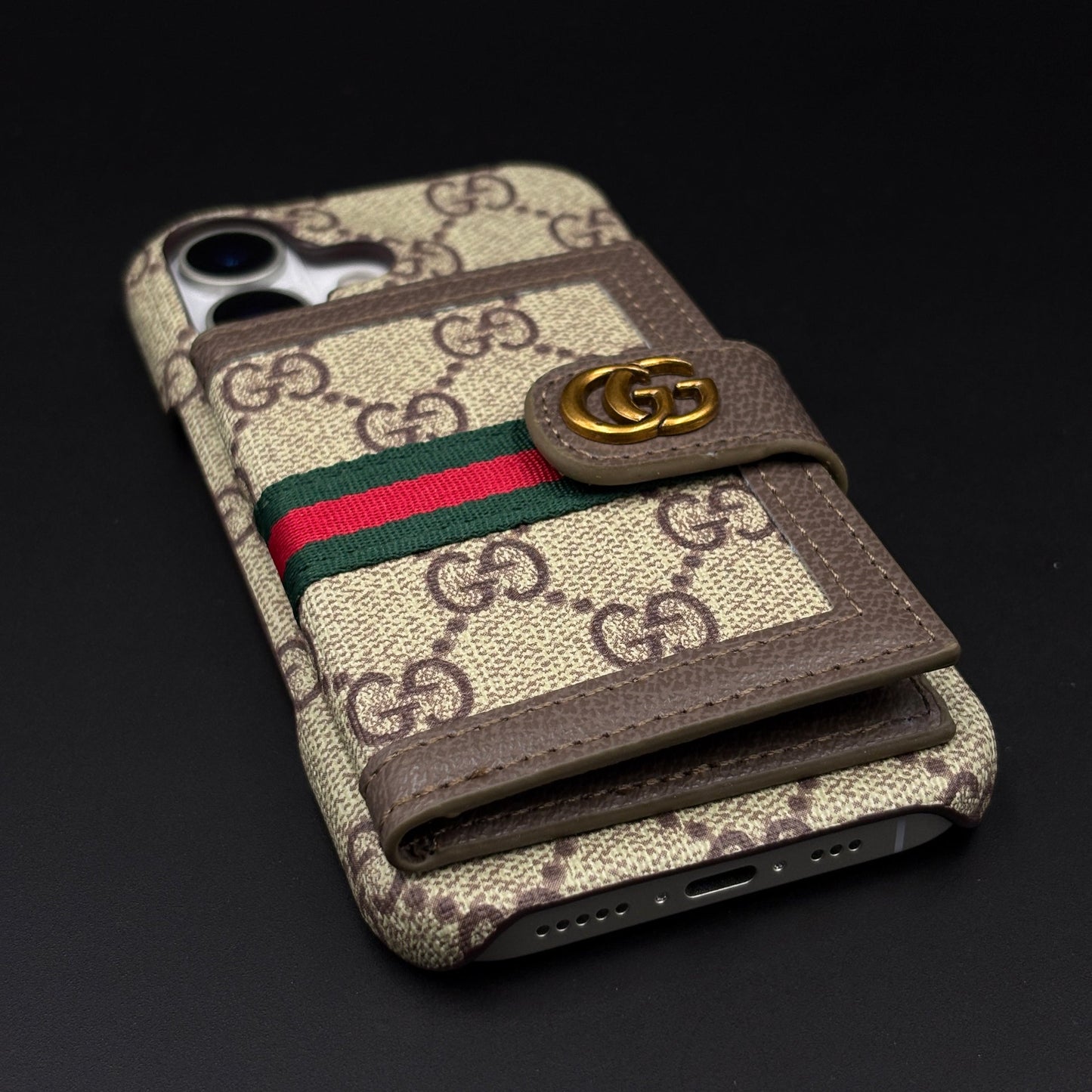 GG Monogram Cardholder Branded Mobile Case Cover for iPhone 17 | Slim Wallet | Fine PU Leather