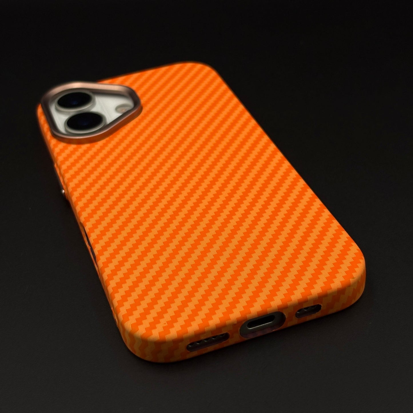 Carbon Fiber Orange Slim Mobile Case Cover for iPhone 17 | Rare Aramid Texture Finish | Real Carbon Fibre Feel | Hidden MagSafe