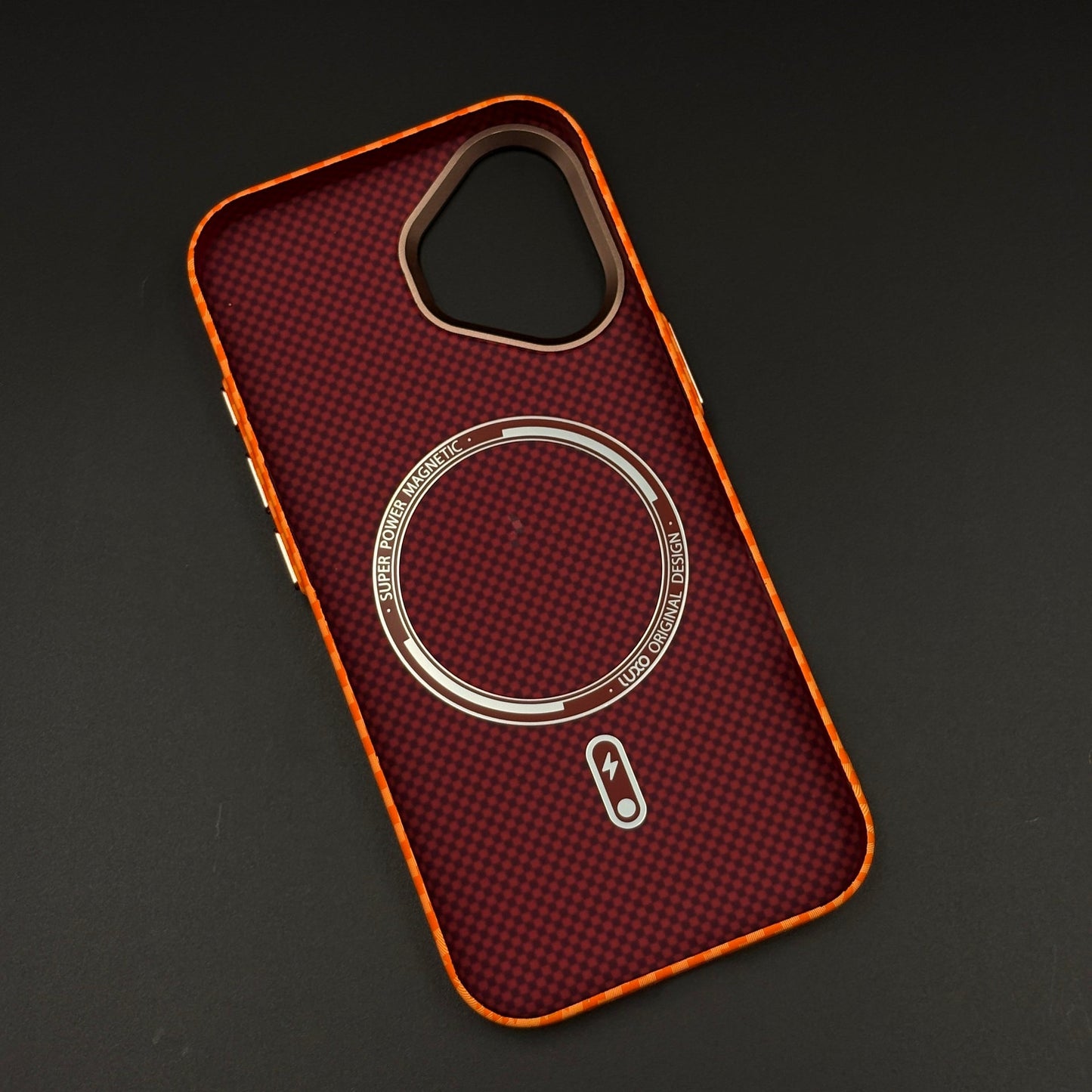 Carbon Fiber Orange Slim Mobile Case Cover for iPhone 17 | Rare Aramid Texture Finish | Real Carbon Fibre Feel | Hidden MagSafe