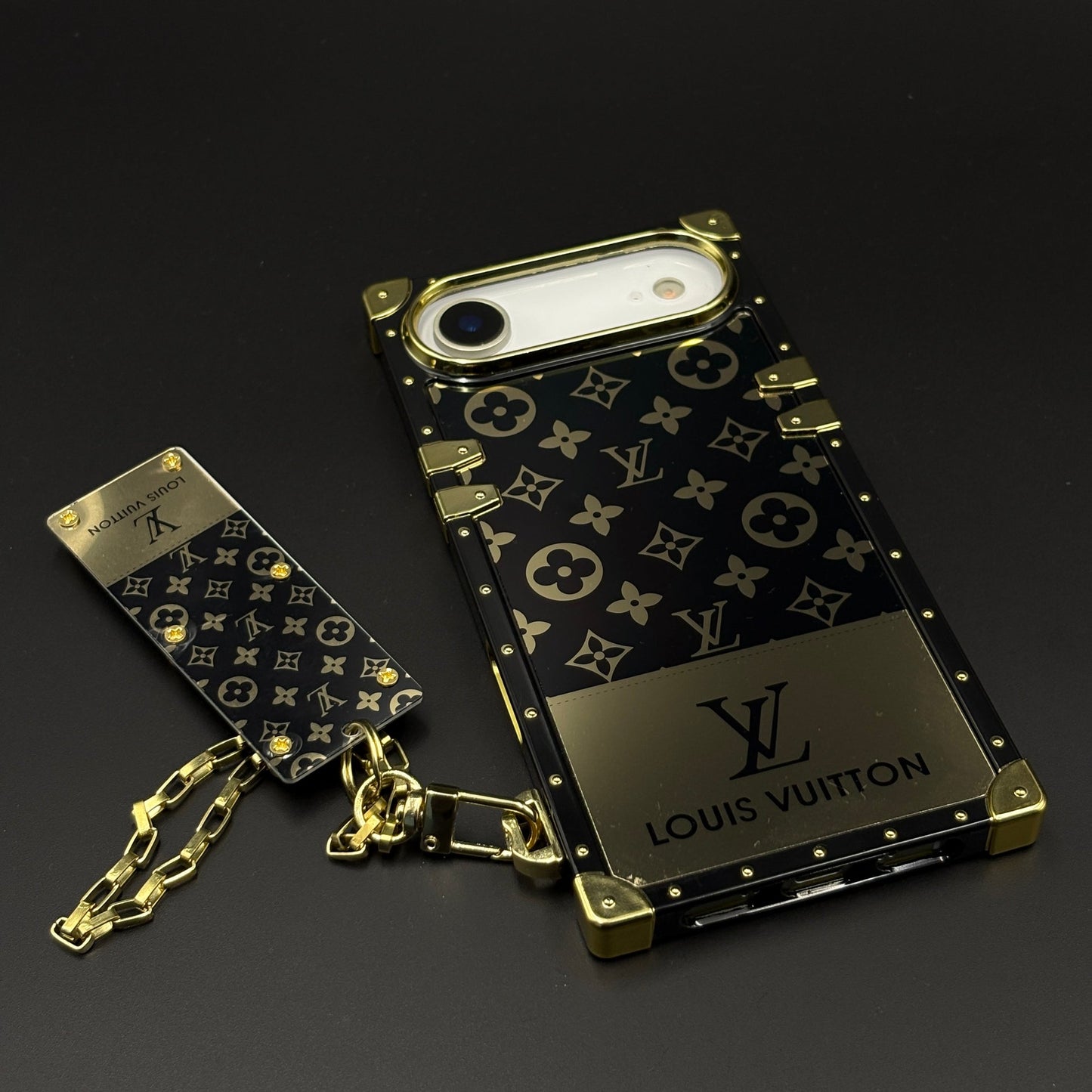 Luxury Trunk Phone Case Cover with Chain for iPhone 17 Air | Designer Metal Frame | Gold Monogram