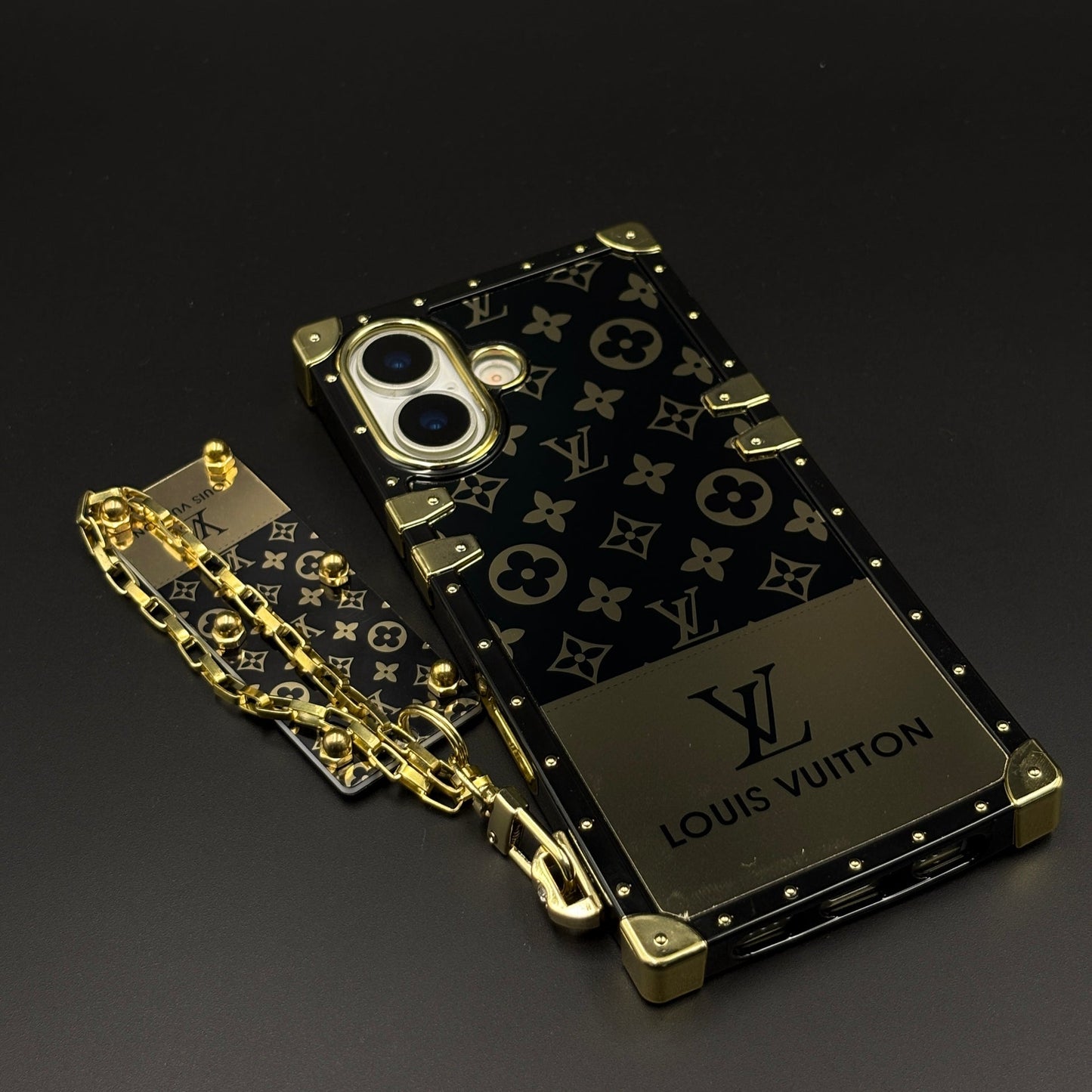 Luxury Trunk Phone Case Cover with Chain for iPhone 17 | Designer Metal Frame | Gold Monogram