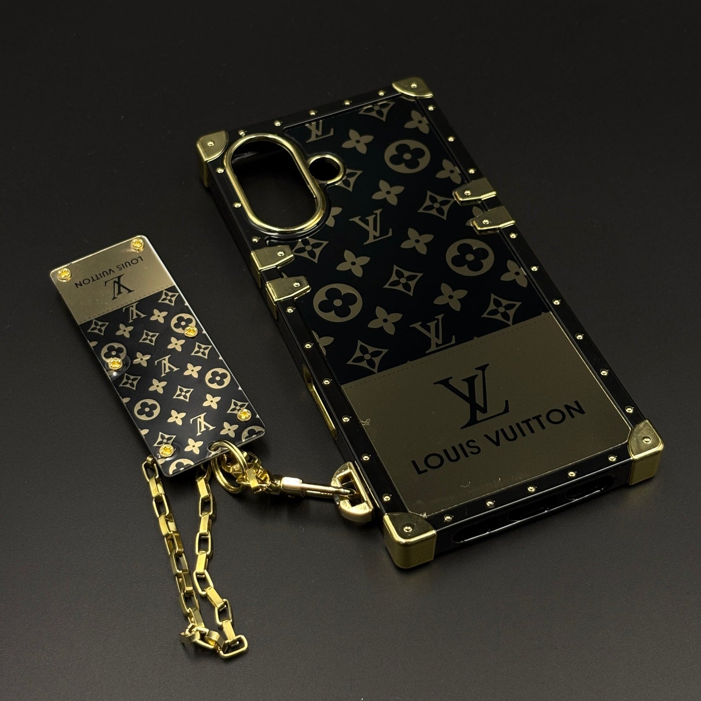 Luxury Trunk Phone Case Cover with Chain for iPhone 17 | Designer Metal Frame | Gold Monogram