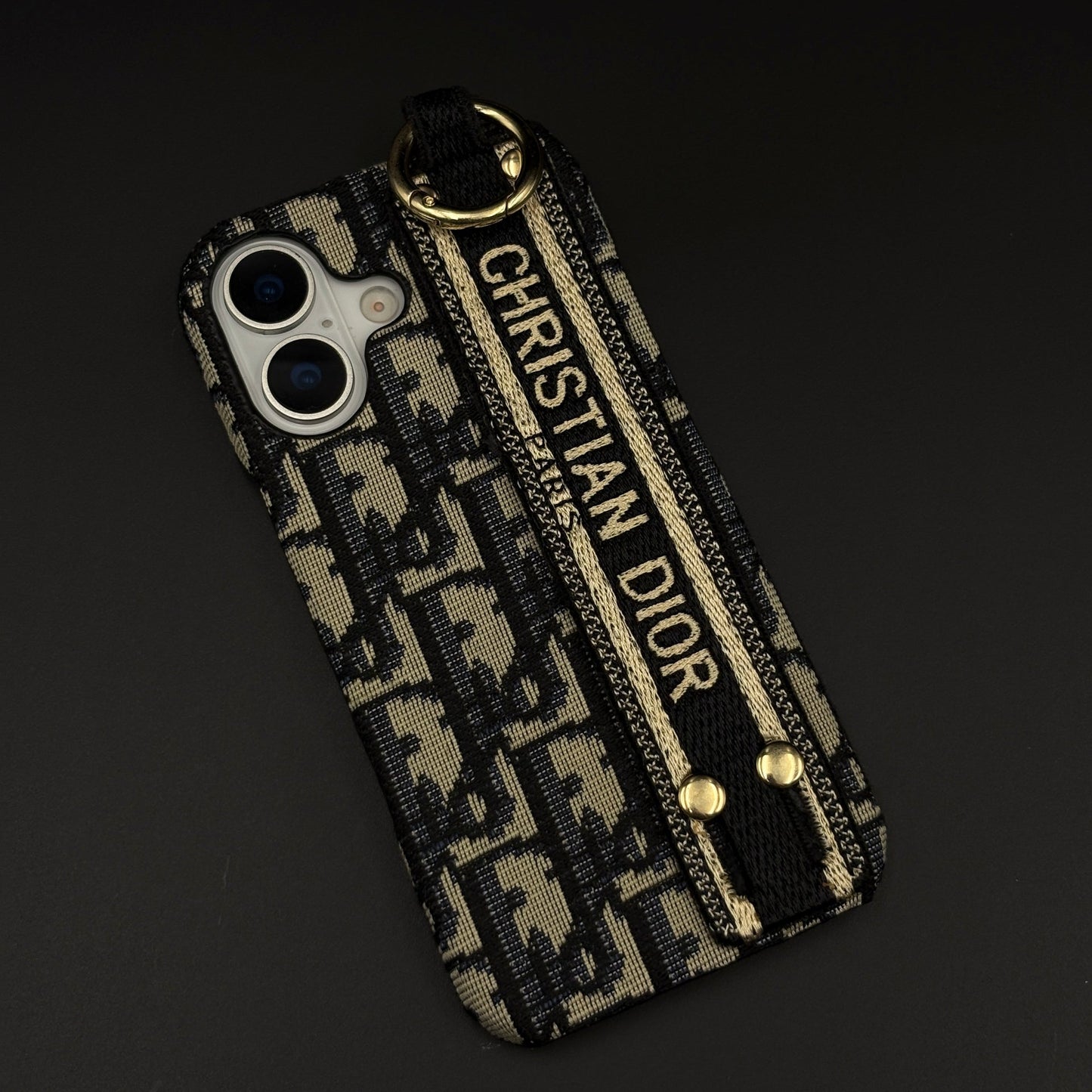 CD Embroidered Belt Strap Case for iPhone 17 | Designer Fabric Holder