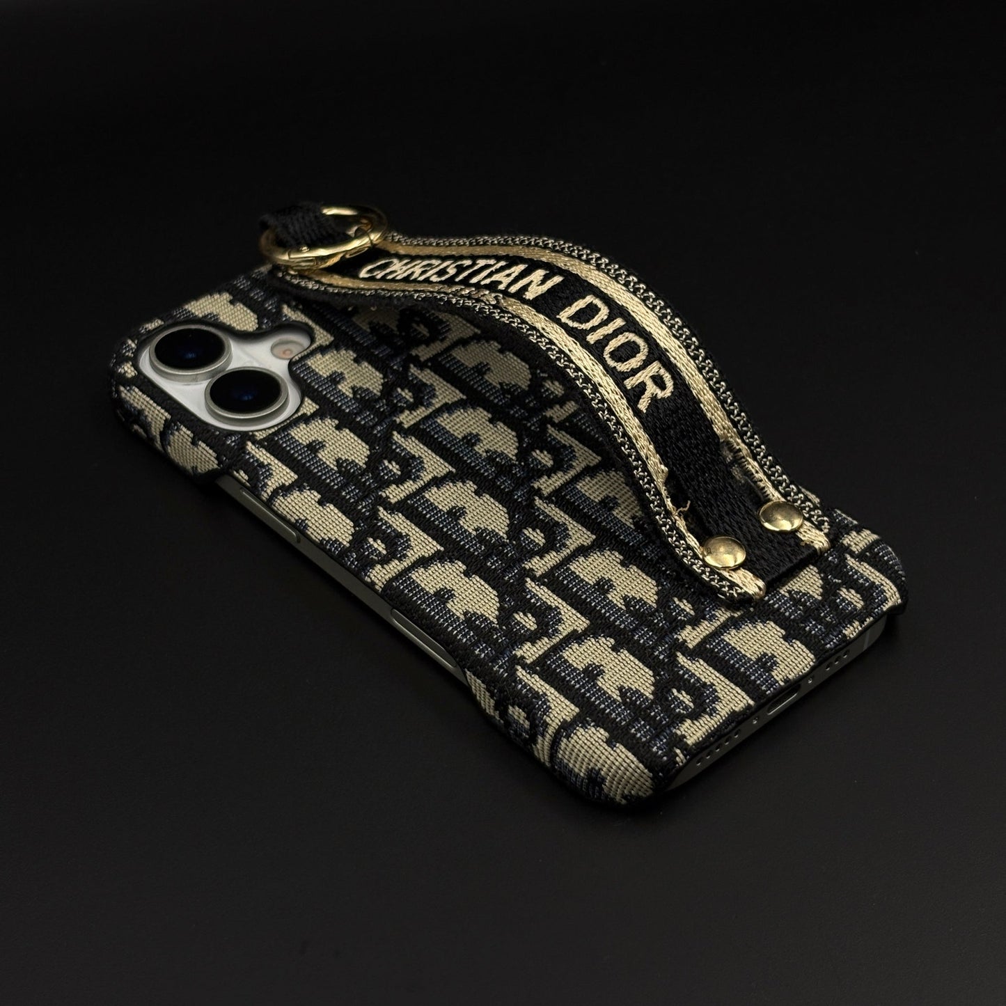 CD Embroidered Belt Strap Case for iPhone 17 | Designer Fabric Holder