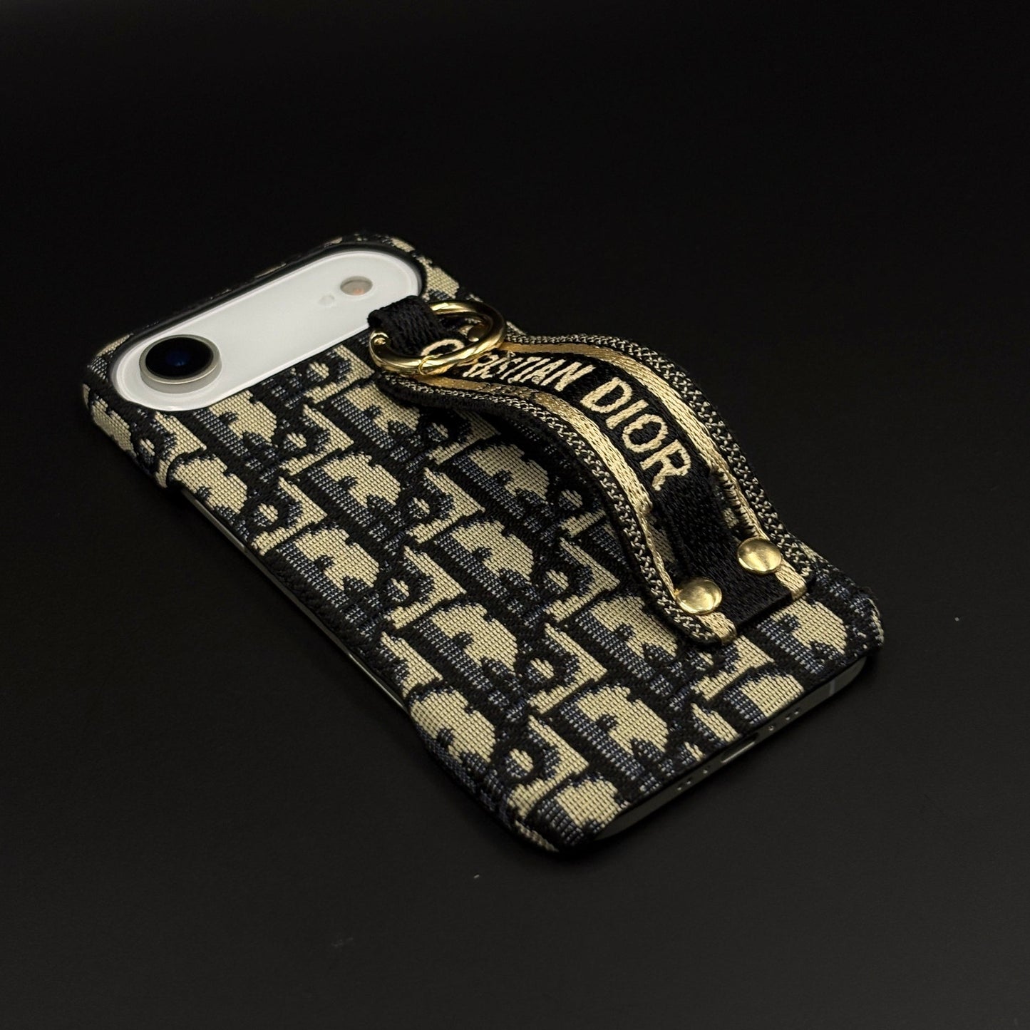 CD Embroidered Belt Strap Case for iPhone 17 Air | Designer Fabric Holder