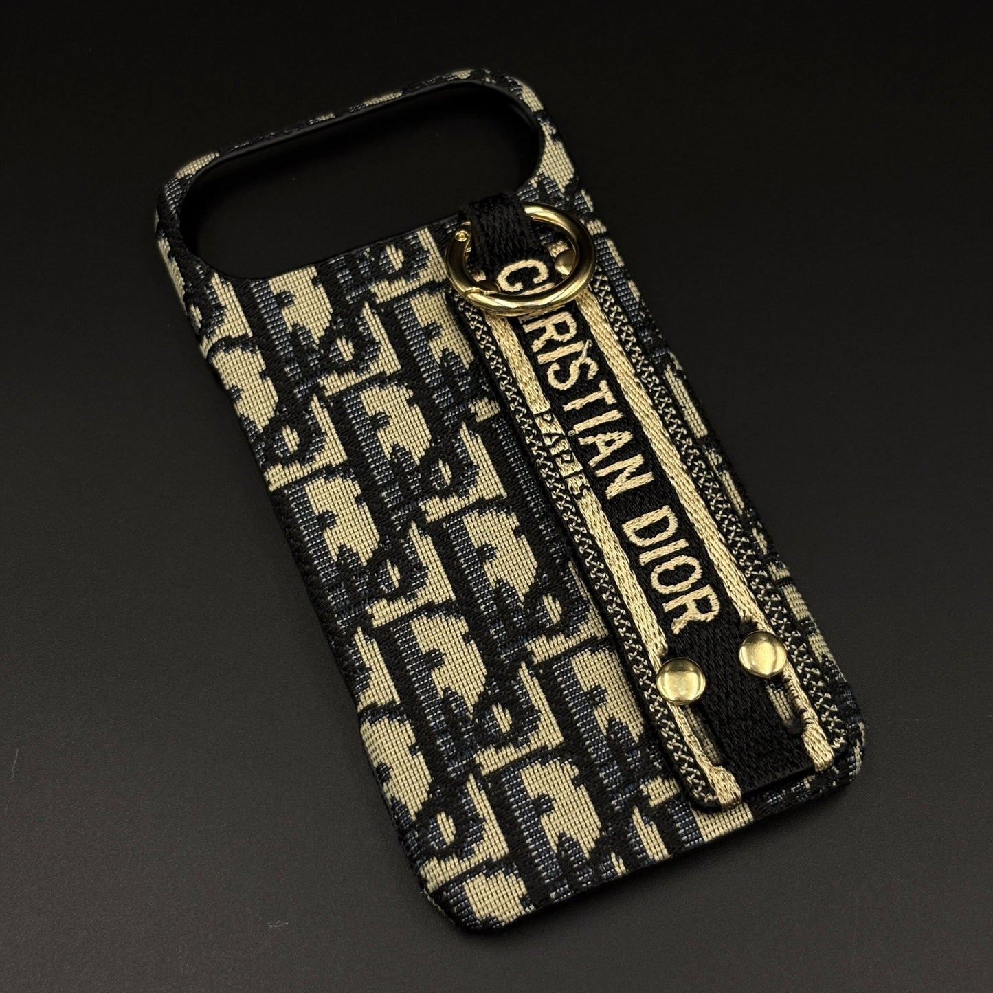 CD Embroidered Belt Strap Case for iPhone 17 Air | Designer Fabric Holder