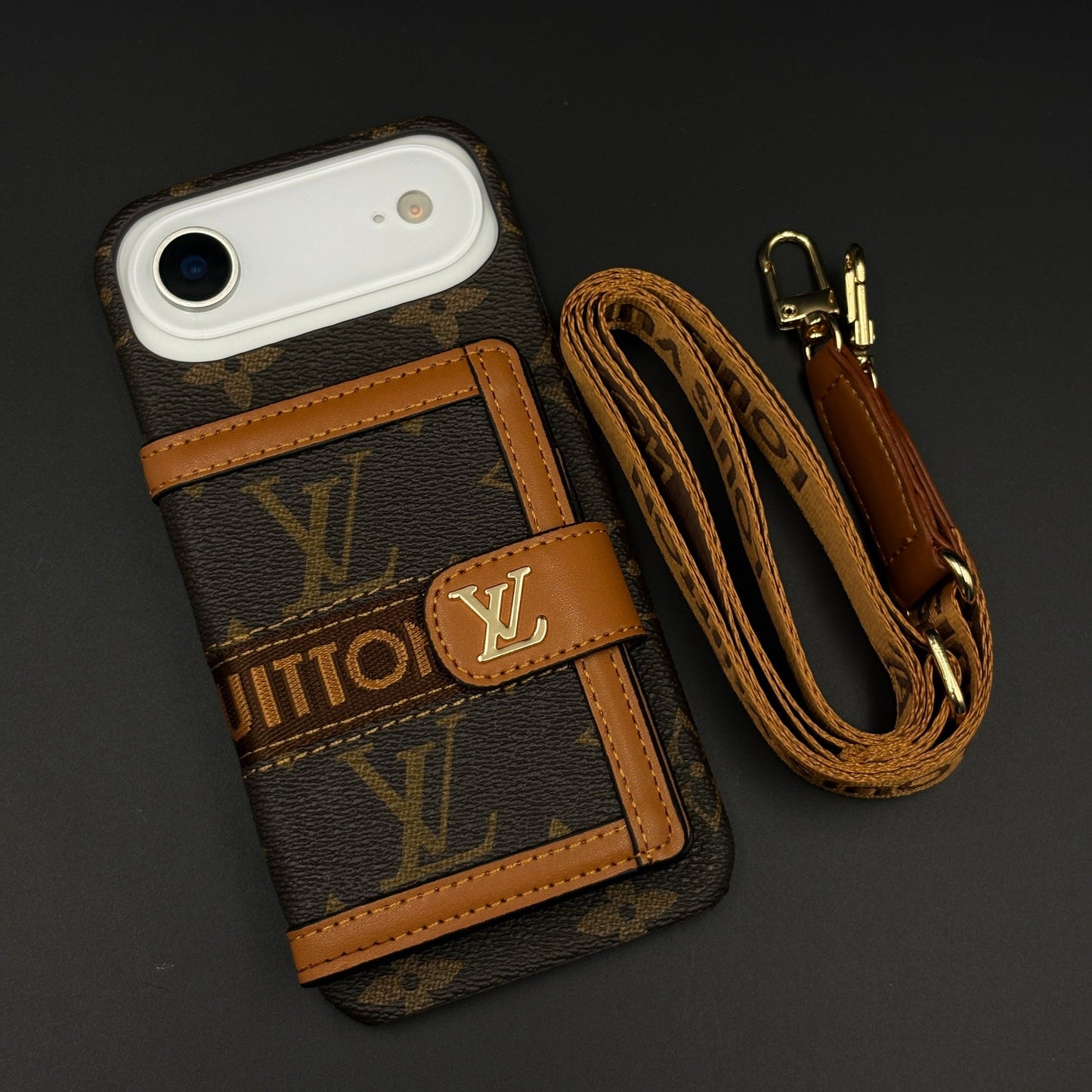 Luxury Monogram Cardholder Wallet Case with Crossbody Sling for iPhone 17 Air | Designer Brown Edition