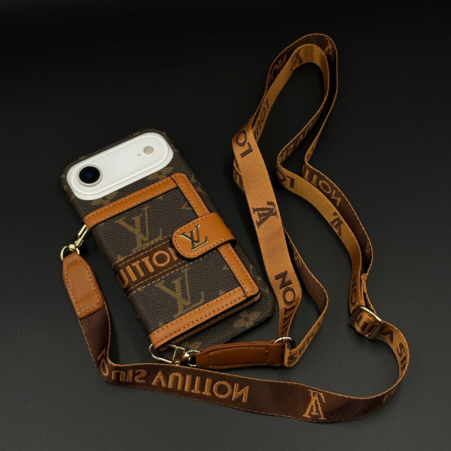 Luxury Monogram Cardholder Wallet Case with Crossbody Sling for iPhone 17 Air | Designer Brown Edition
