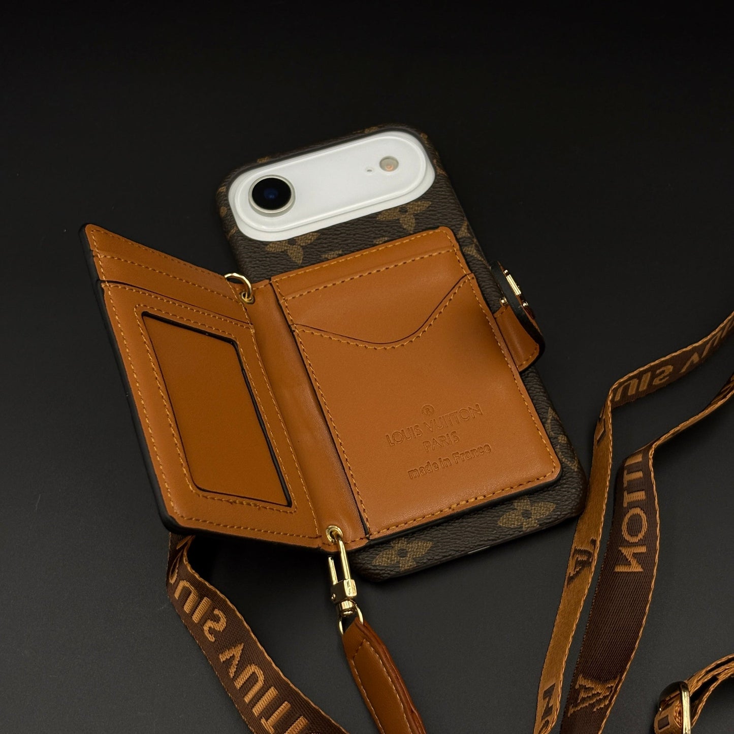 Luxury Monogram Cardholder Wallet Case with Crossbody Sling for iPhone 17 Air | Designer Brown Edition