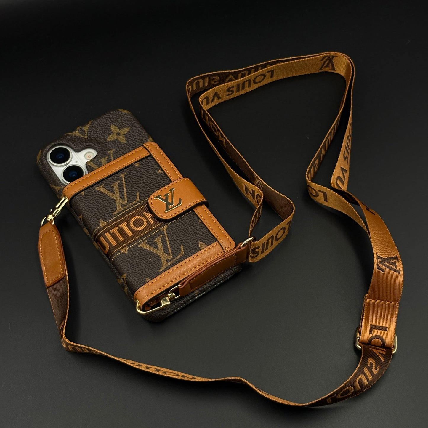 Luxury Monogram Cardholder Wallet Case with Crossbody Sling for iPhone 17 | Designer Brown Edition