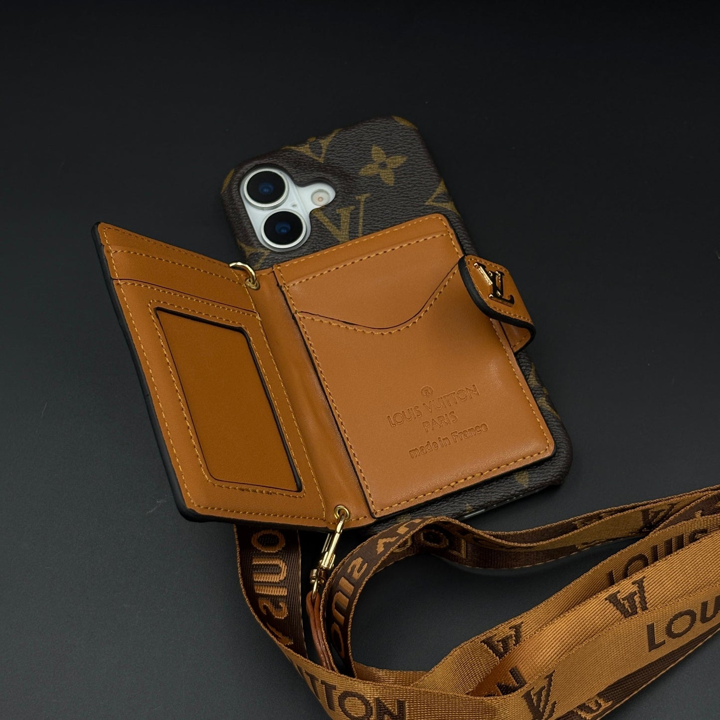 Luxury Monogram Cardholder Wallet Case with Crossbody Sling for iPhone 17 | Designer Brown Edition