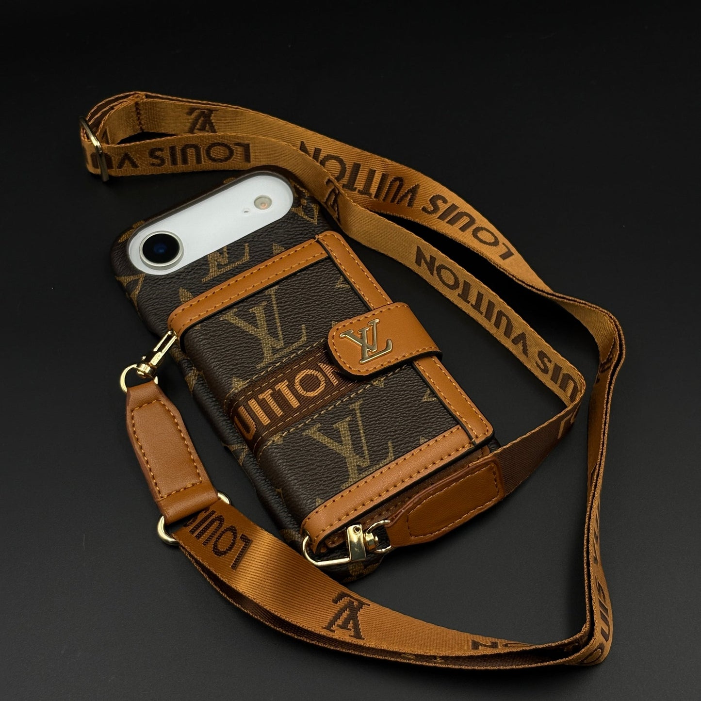 Luxury Monogram Cardholder Wallet Case with Crossbody Sling and Camera Protection for iPhone 17 Air | Designer Brown Edition