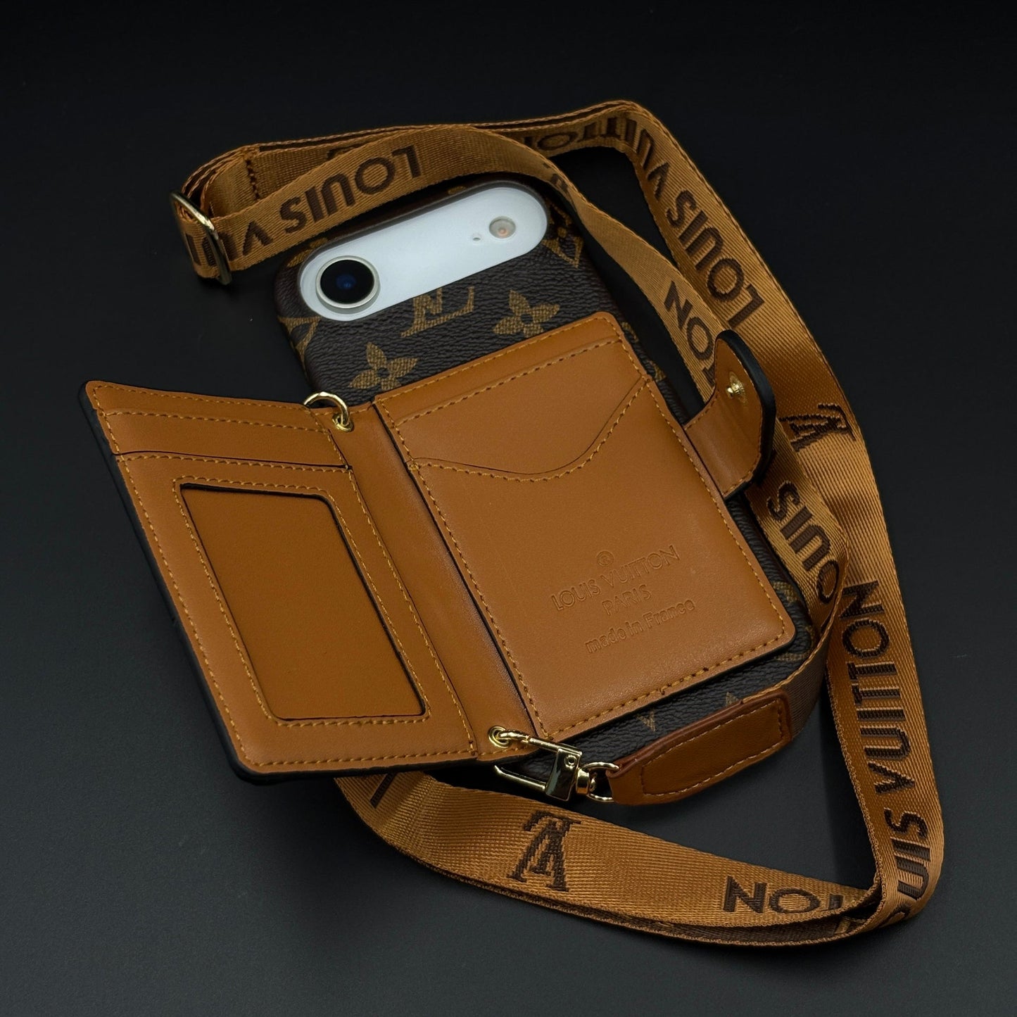Luxury Monogram Cardholder Wallet Case with Crossbody Sling and Camera Protection for iPhone 17 Air | Designer Brown Edition