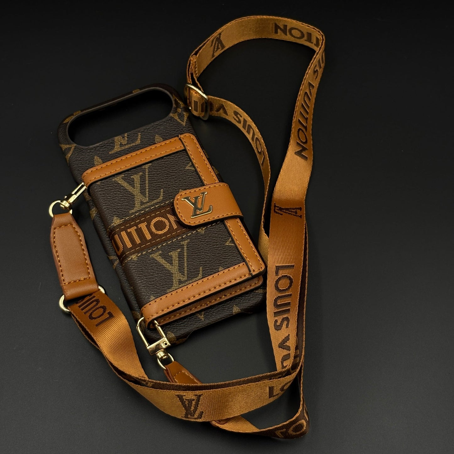 Luxury Monogram Cardholder Wallet Case with Crossbody Sling and Camera Protection for iPhone 17 Air | Designer Brown Edition