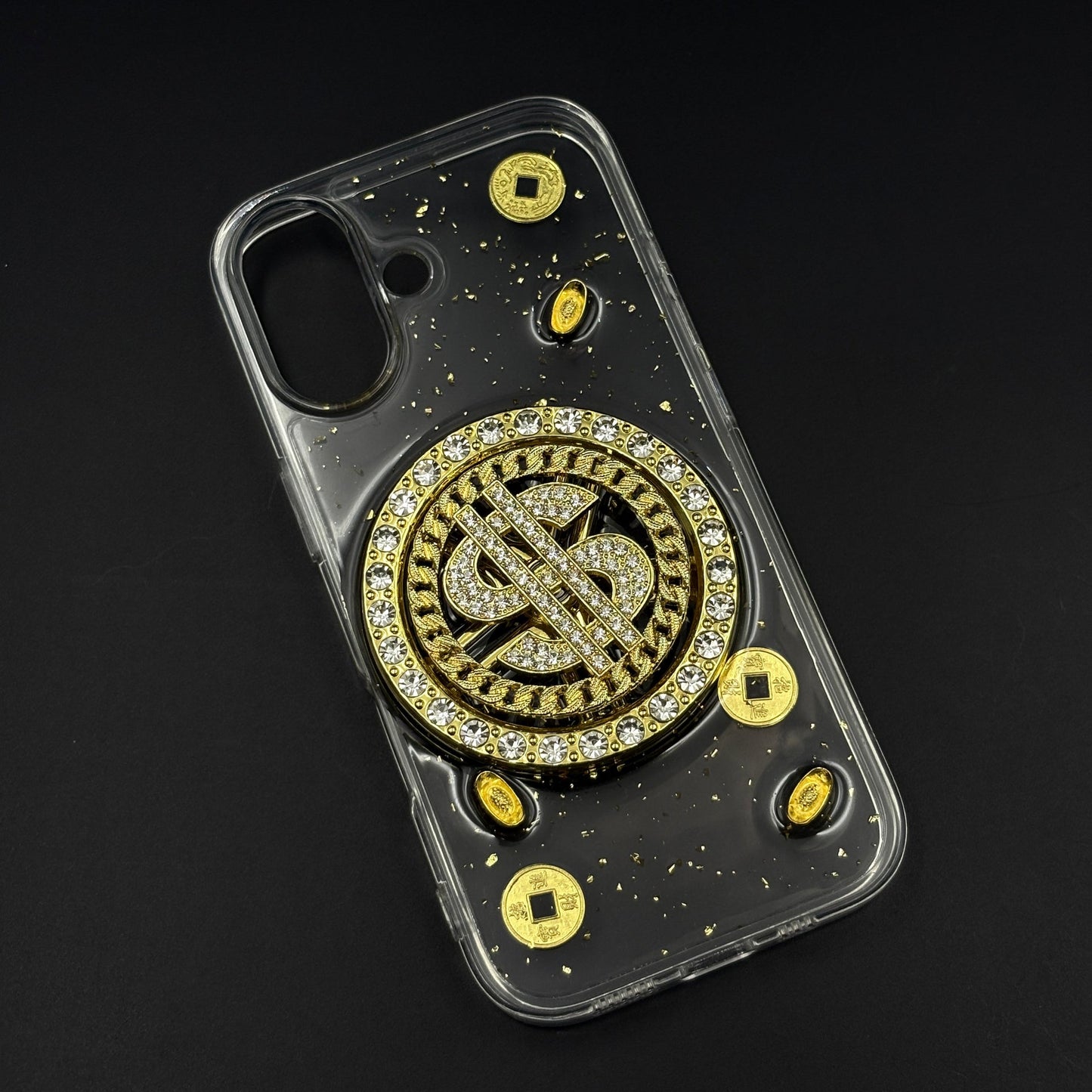 Luxury Rotating Dollar Case for iPhone 17 | Gold Bling Coin Design with Beaded Wrist Strap