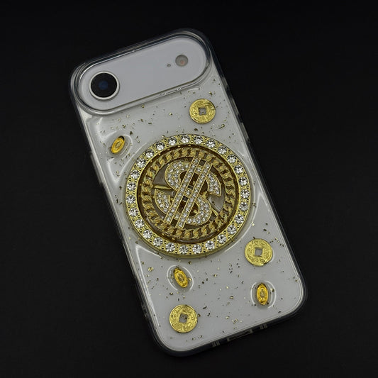Luxury Rotating Dollar Case for iPhone 17 Air | Gold Bling Coin Design with Beaded Wrist Strap